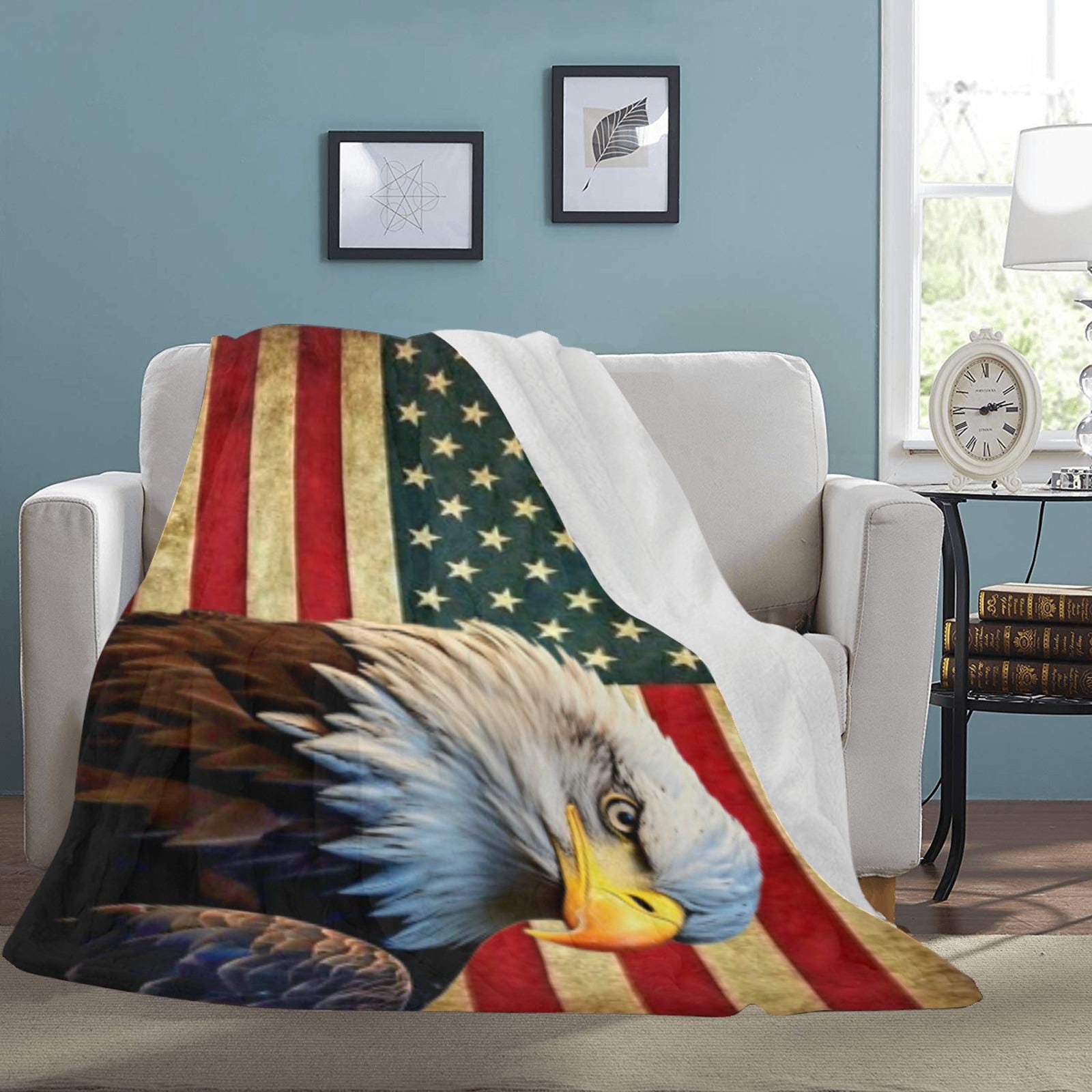 Large Microfiber Micro Fleece Flannel 70X80 Inch Soft Warm Monogram  American Flag and Eagle Blanket...
