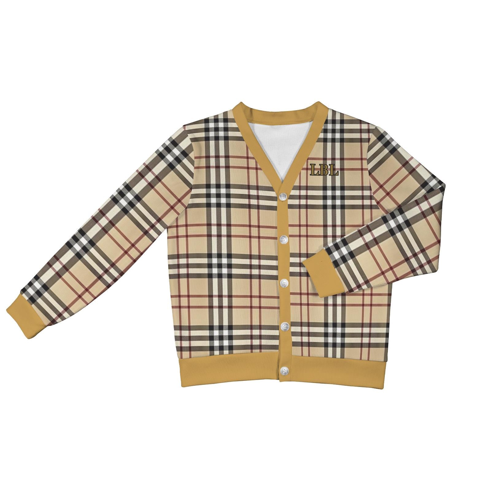 Women's Madison Avenue Goldish Brown Black Plaid Long Sleeved Soft Warm Ribbed Monogram Cardigan