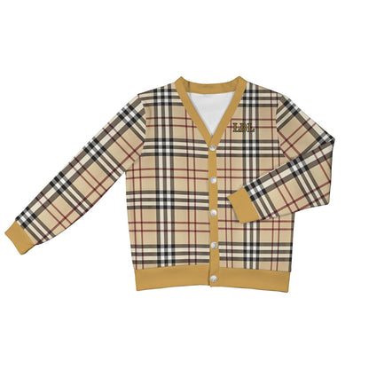 Women's Madison Avenue Goldish Brown Black Plaid Long Sleeved Soft Warm Ribbed Monogram Cardigan