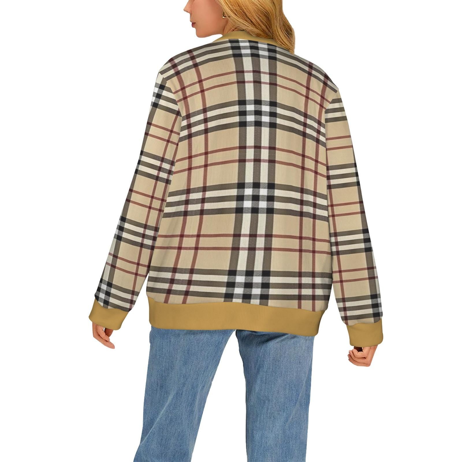 Women's Madison Avenue Goldish Brown Black Plaid Long Sleeved Soft Warm Ribbed Monogram Cardigan