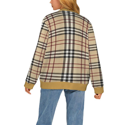 Women's Madison Avenue Goldish Brown Black Plaid Long Sleeved Soft Warm Ribbed Monogram Cardigan