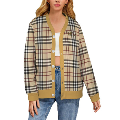 Women's Madison Avenue Goldish Brown Black Plaid Long Sleeved Soft Warm Ribbed Monogram Cardigan