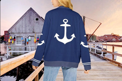 Women's Madison Avenue Deep Blue Marine Anchor Monogram Ribbed Sweater Cardigan With Your Initials