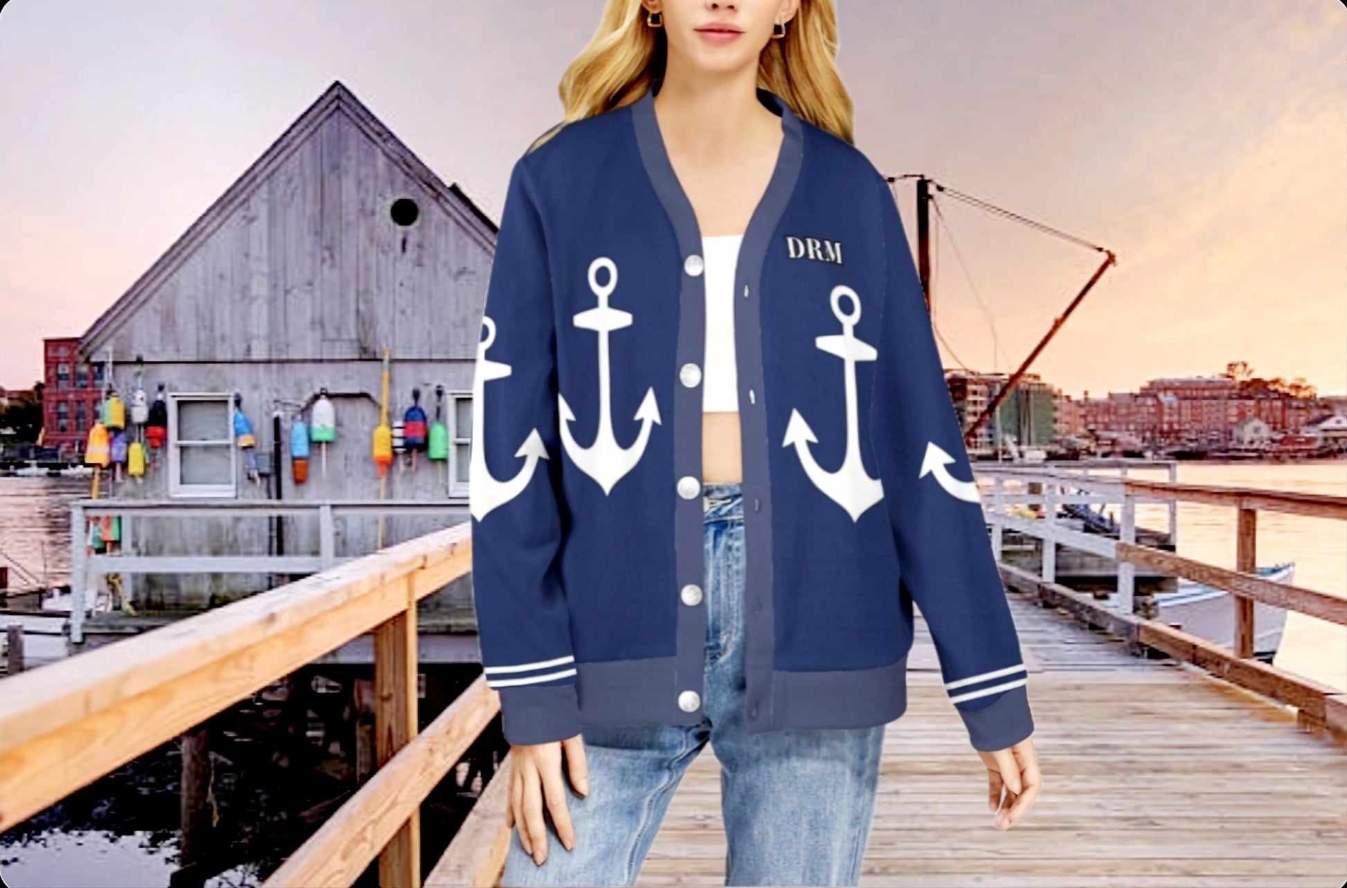 Women's Madison Avenue Deep Blue Marine Anchor Monogram Ribbed Sweater Cardigan With Your Initials