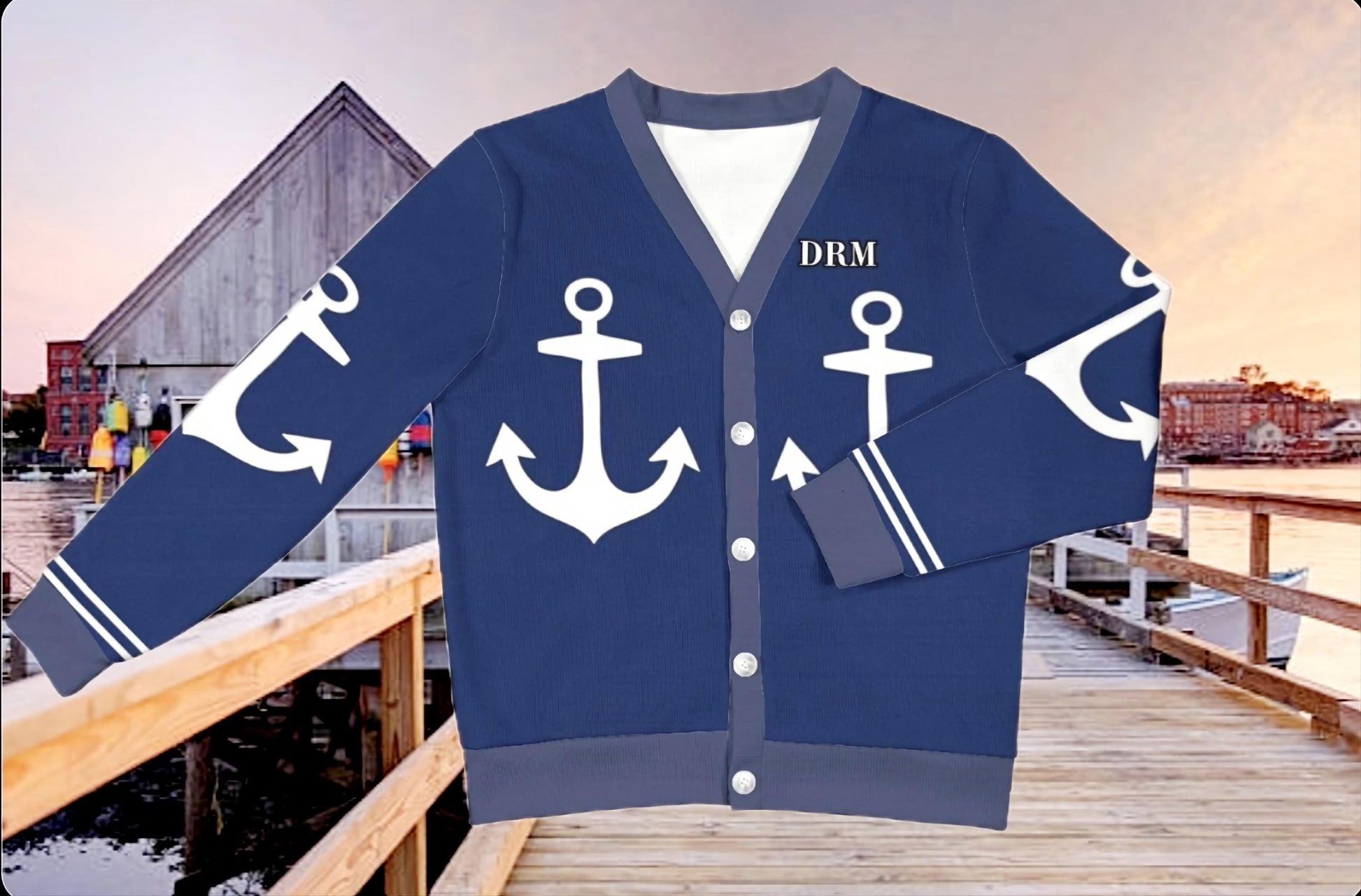 Women's Madison Avenue Deep Blue Marine Anchor Monogram Ribbed Sweater Cardigan With Your Initials