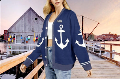 Women&#39;s Madison Avenue Deep Blue Marine Anchor Monogram Ribbed Sweater Cardigan With Your Initials