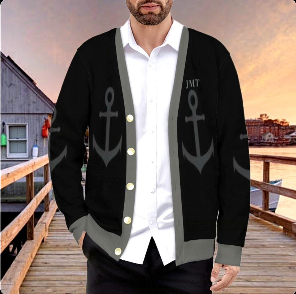 Men's Anchor Cardigan: Black & Gray Marine Theme, Custom Monogram