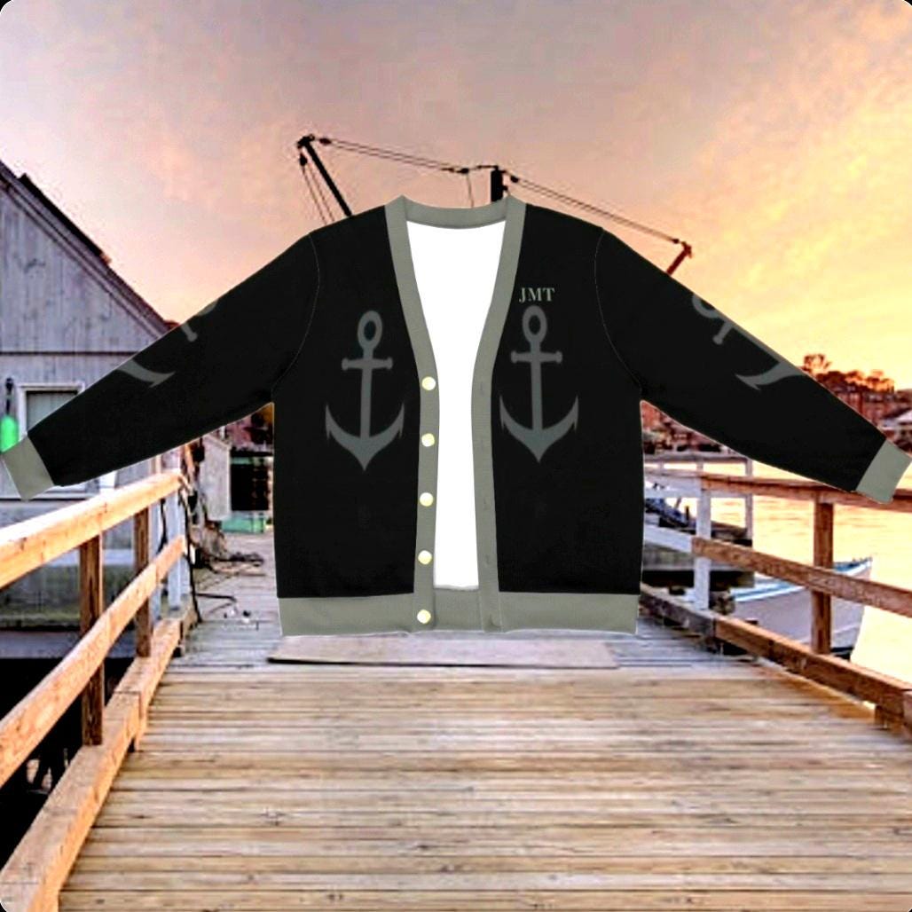 Men's Anchor Cardigan: Black & Gray Marine Theme, Custom Monogram