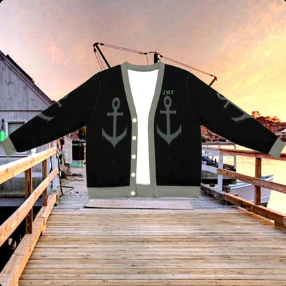 Men's Anchor Cardigan: Black & Gray Marine Theme, Custom Monogram