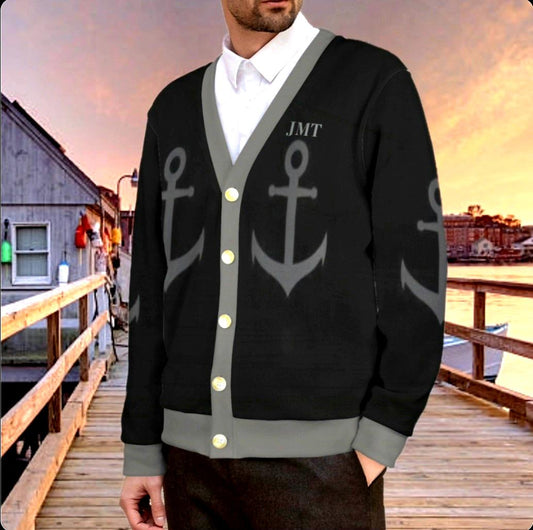 Men&#39;s Black And Gray Marine Theme Pattern Design Anchor Ribbed Monogram Cardigan Sweater That Comes With Your Initials