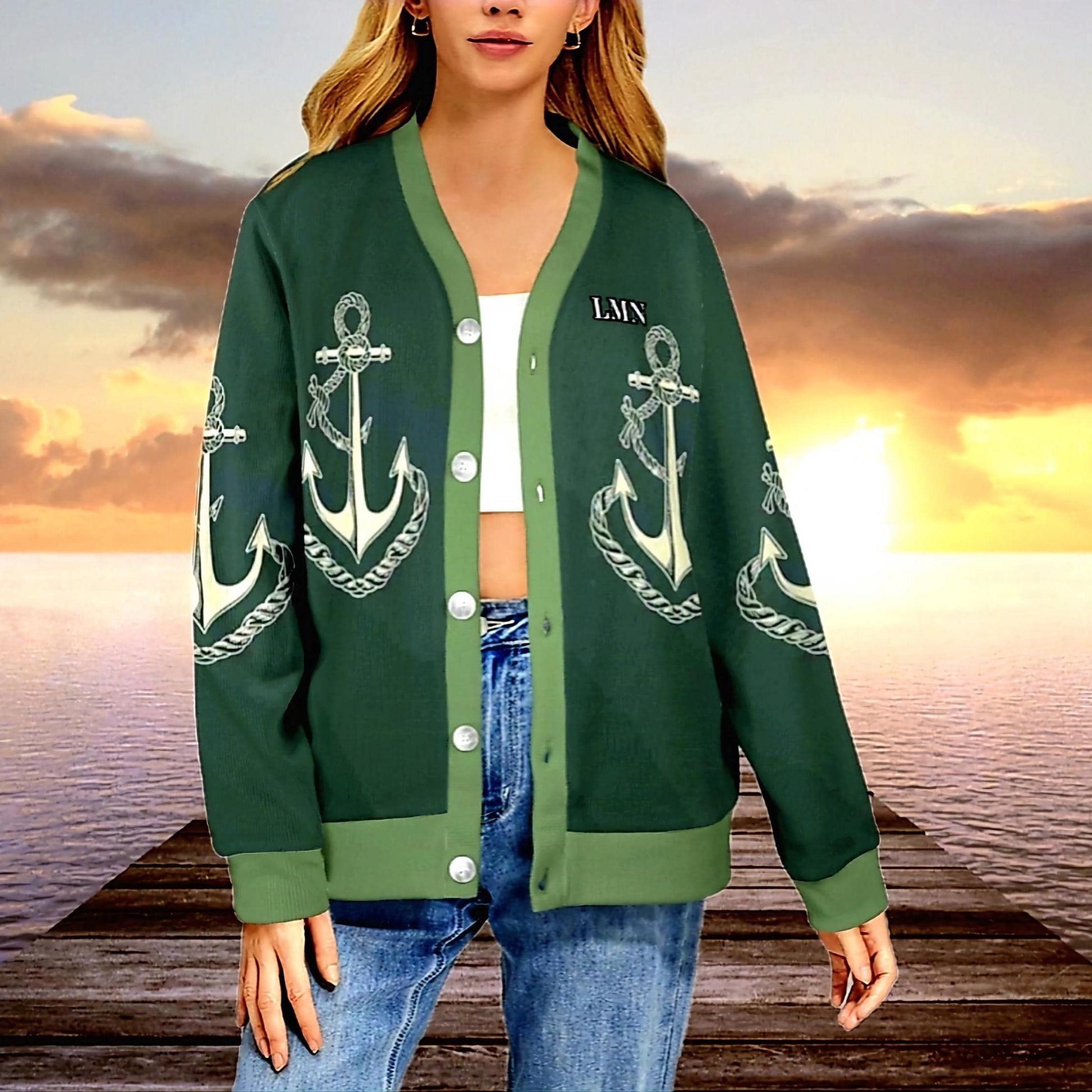Monogram Anchor Green Cardigan: Women's Ribbed Sweater