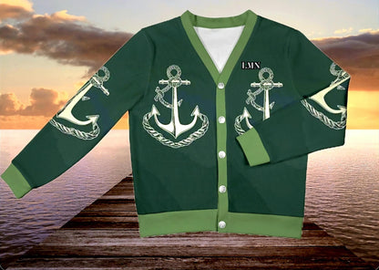 Monogram Anchor Green Cardigan: Women's Ribbed Sweater