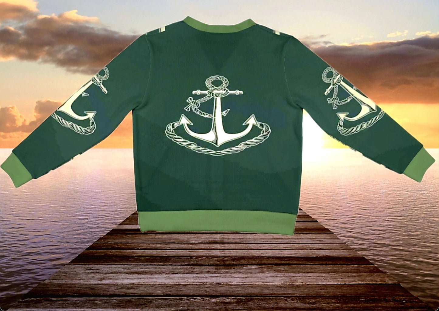 Monogram Anchor Green Cardigan: Women's Ribbed Sweater