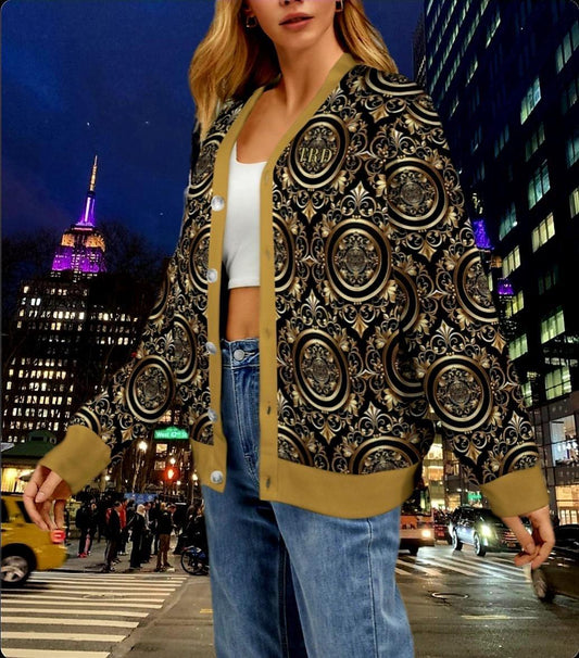 Women&#39;s Madison Avenue Black Gold Soft Warm And Smooth Monogram Ribbed Cardigan Sweater That Comes With Your Initials....