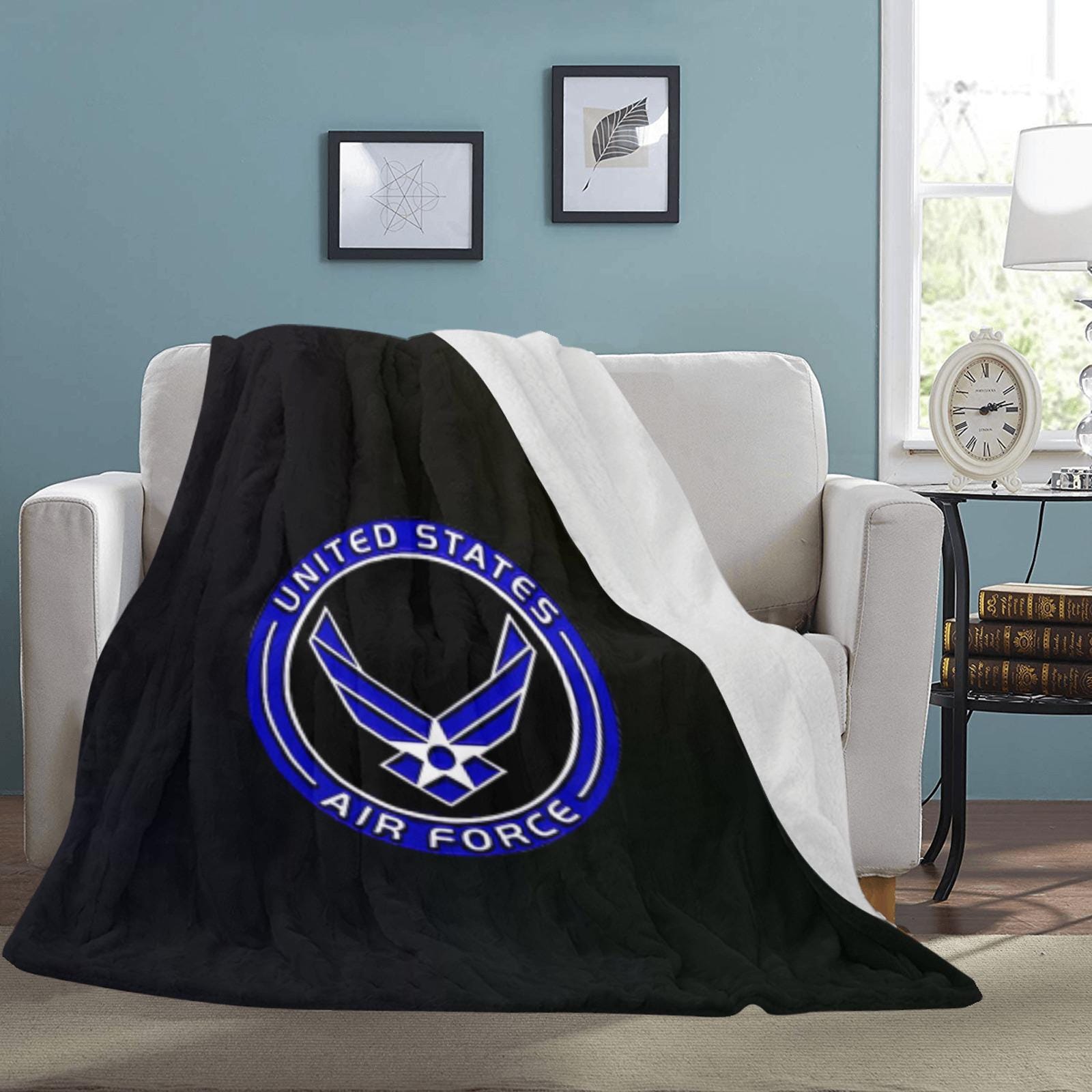 Large Black Microfiber Micro Fleece Flannel 70X80 Inch Soft Warm Monogram U.S. Air Force Blue Insignia Black Blanket...