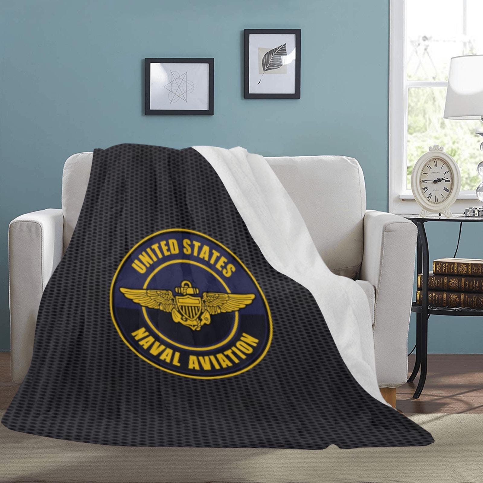 Large Black Microfiber Micro Fleece Flannel 70X80 Inch Soft Warm Monogram U.S. Naval Aviation Gold Insignia Black Blanket...