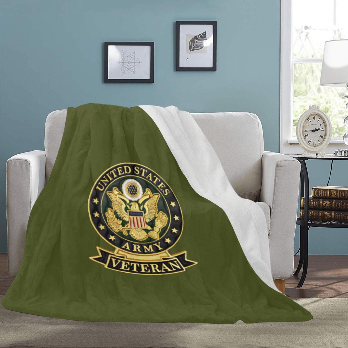 U.S. Army Veteran Insignia 70X80 Inch Green Microfiber Micro Fleece Flannel Large Soft Warm Monogram Blanket..