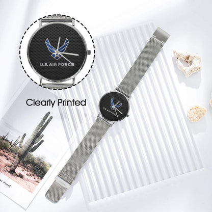 U.S. Air Force Insignia 40MM All Stainless Steel With Black Carbon Fiber Background Waterproof Monogram Dress Watch
