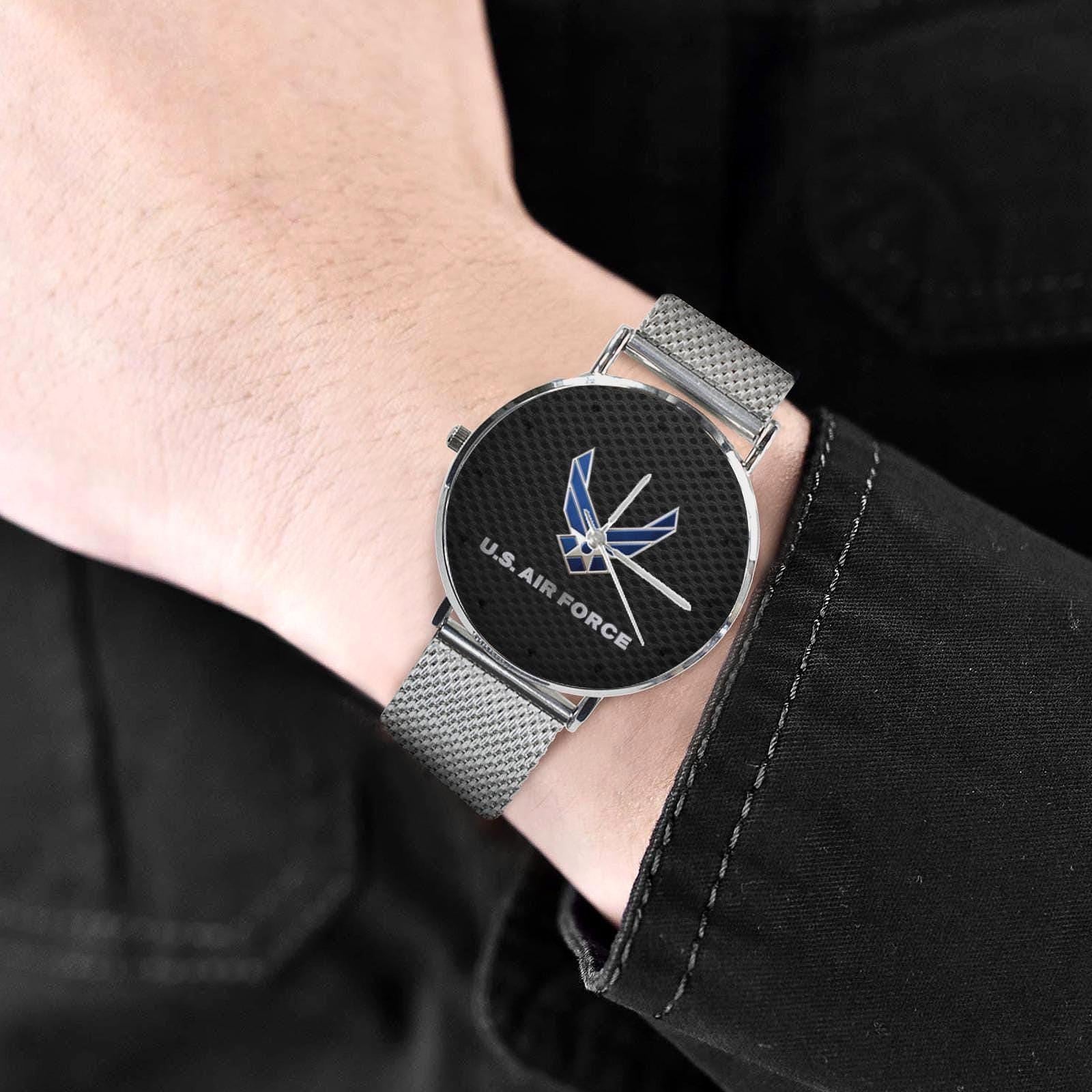U.S. Air Force Insignia 40MM All Stainless Steel With Black Carbon Fiber Background Waterproof Monogram Dress Watch