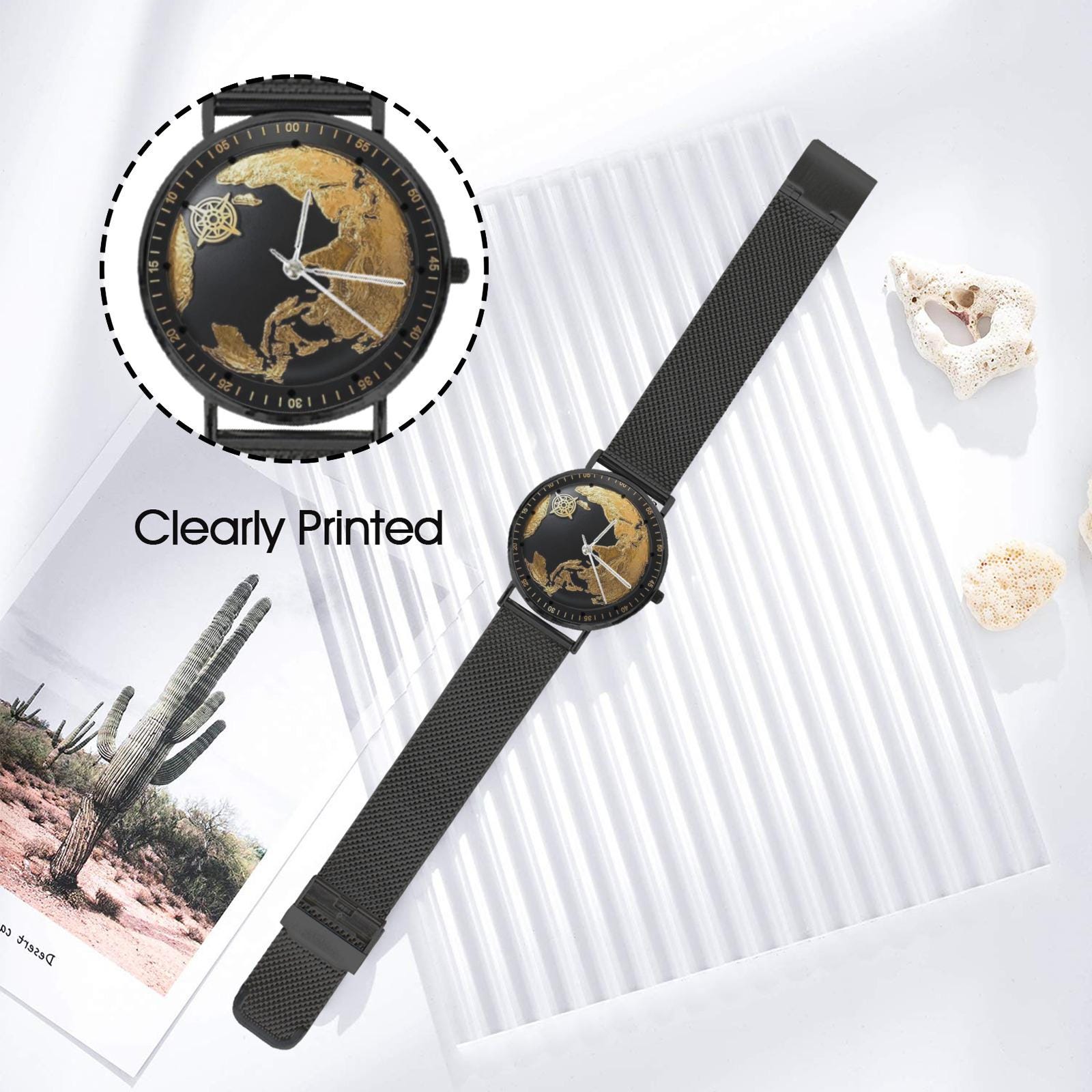Black Gold 3D World Map All Stainless Steel Waterproof 40MM Monogram Dress Watch...