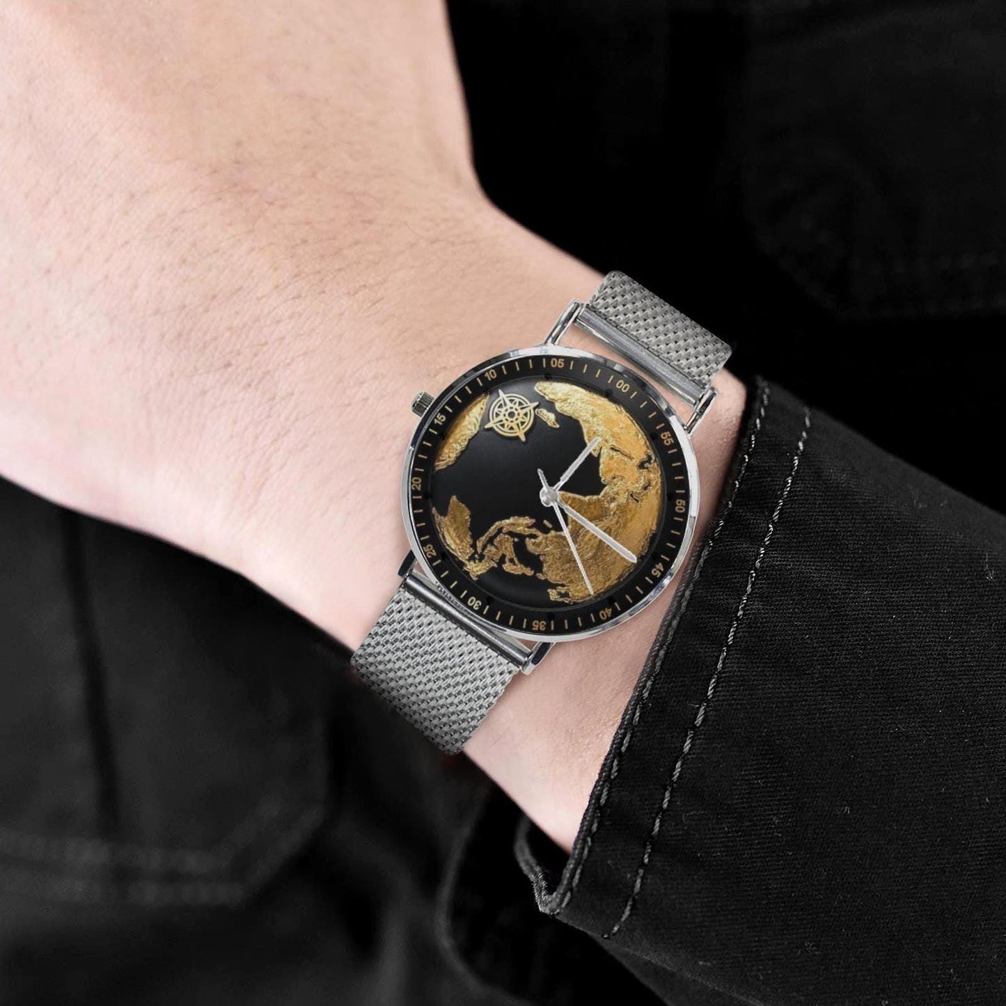 Black Gold 3D World Map All Stainless Steel Waterproof 40MM Monogram Dress Watch...