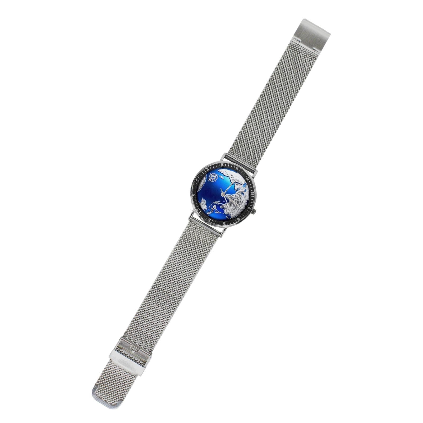 Silver & Blue 3D World Globe With Northstar All Stainless Steel Waterproof Monogram Dress Watch...