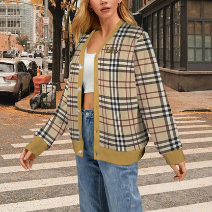 Women&#39;s Madison Avenue Goldish Brown Black Plaid Long Sleeved Soft Warm Ribbed Monogram Cardigan