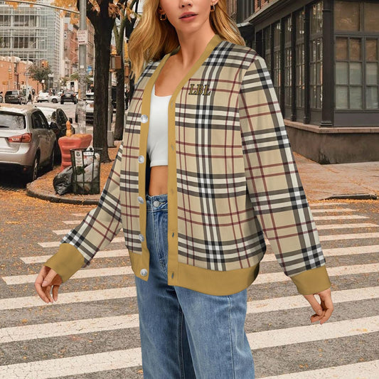 Women&#39;s Madison Avenue Goldish Brown Black Plaid Long Sleeved Soft Warm Ribbed Monogram Cardigan