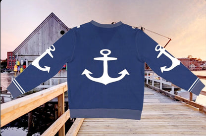 Women's Madison Avenue Deep Blue Marine Anchor Monogram Ribbed Sweater Cardigan With Your Initials