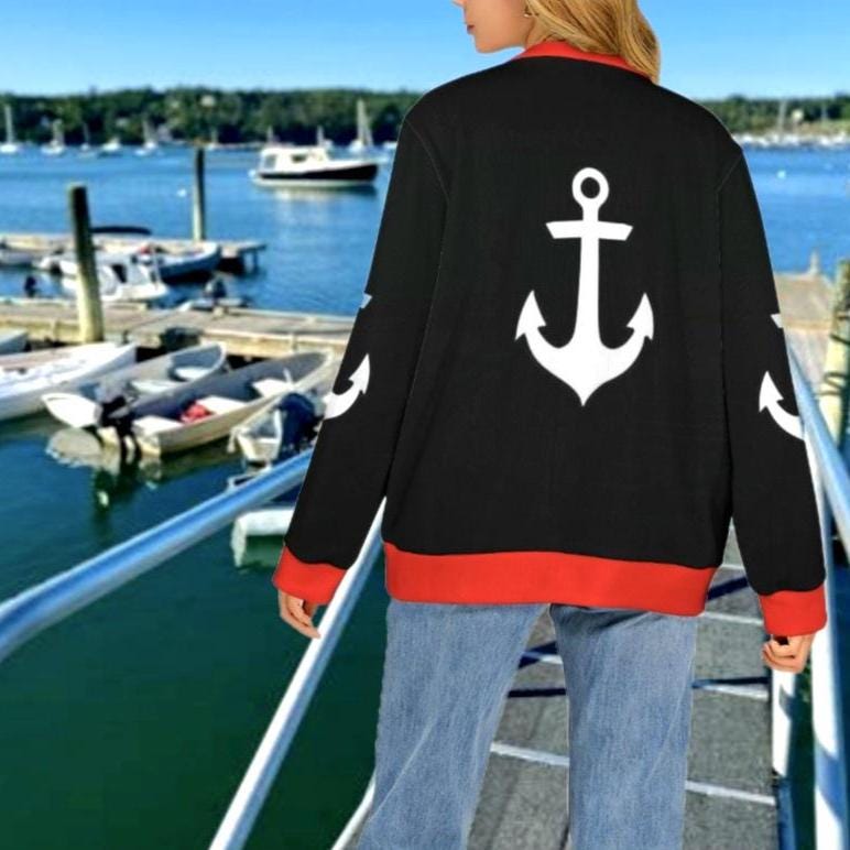 Women's Madison Avenue Black Marine Print Design With White Anchors Ribbed Monogram Cardigan Sweater That Comes With Your Initials...