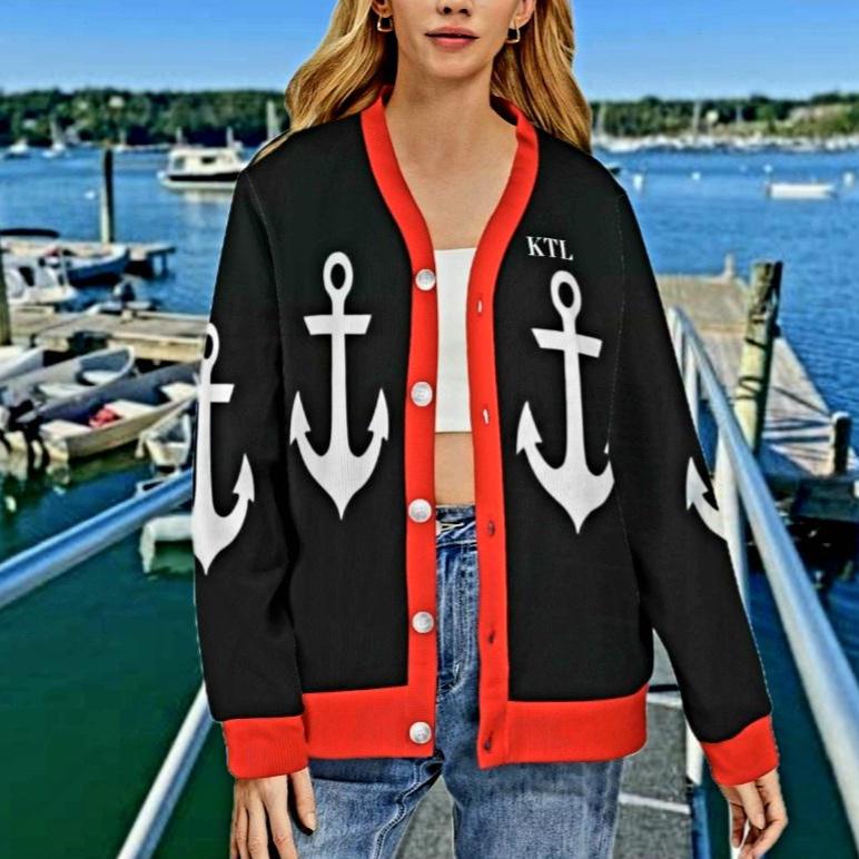 Women's Madison Avenue Black Marine Print Design With White Anchors Ribbed Monogram Cardigan Sweater That Comes With Your Initials...