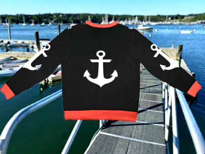 Women's Madison Avenue Black Marine Print Design With White Anchors Ribbed Monogram Cardigan Sweater That Comes With Your Initials...