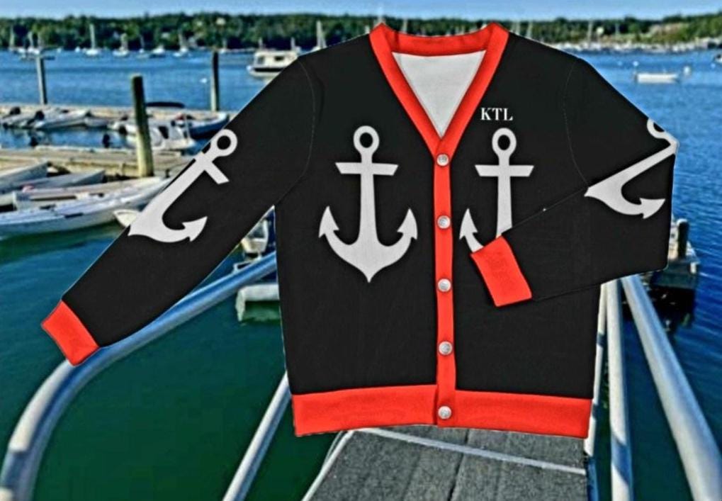 Women's Madison Avenue Black Marine Print Design With White Anchors Ribbed Monogram Cardigan Sweater That Comes With Your Initials...
