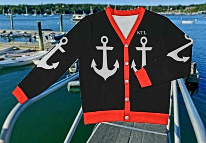 Women's Madison Avenue Black Marine Print Design With White Anchors Ribbed Monogram Cardigan Sweater That Comes With Your Initials...
