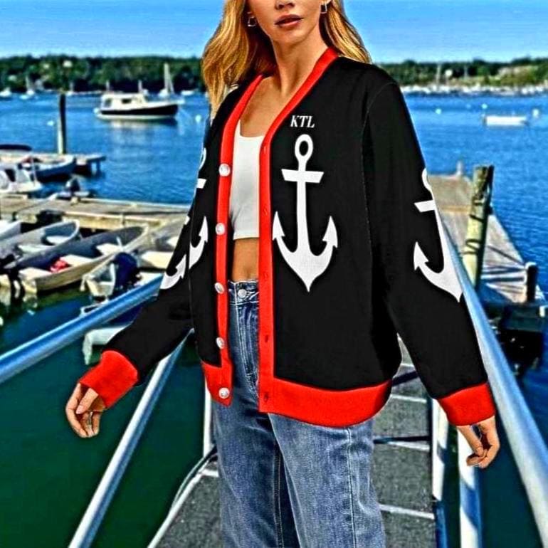Women&#39;s Madison Avenue Black Marine Print Design With White Anchors Ribbed Monogram Cardigan Sweater That Comes With Your Initials...