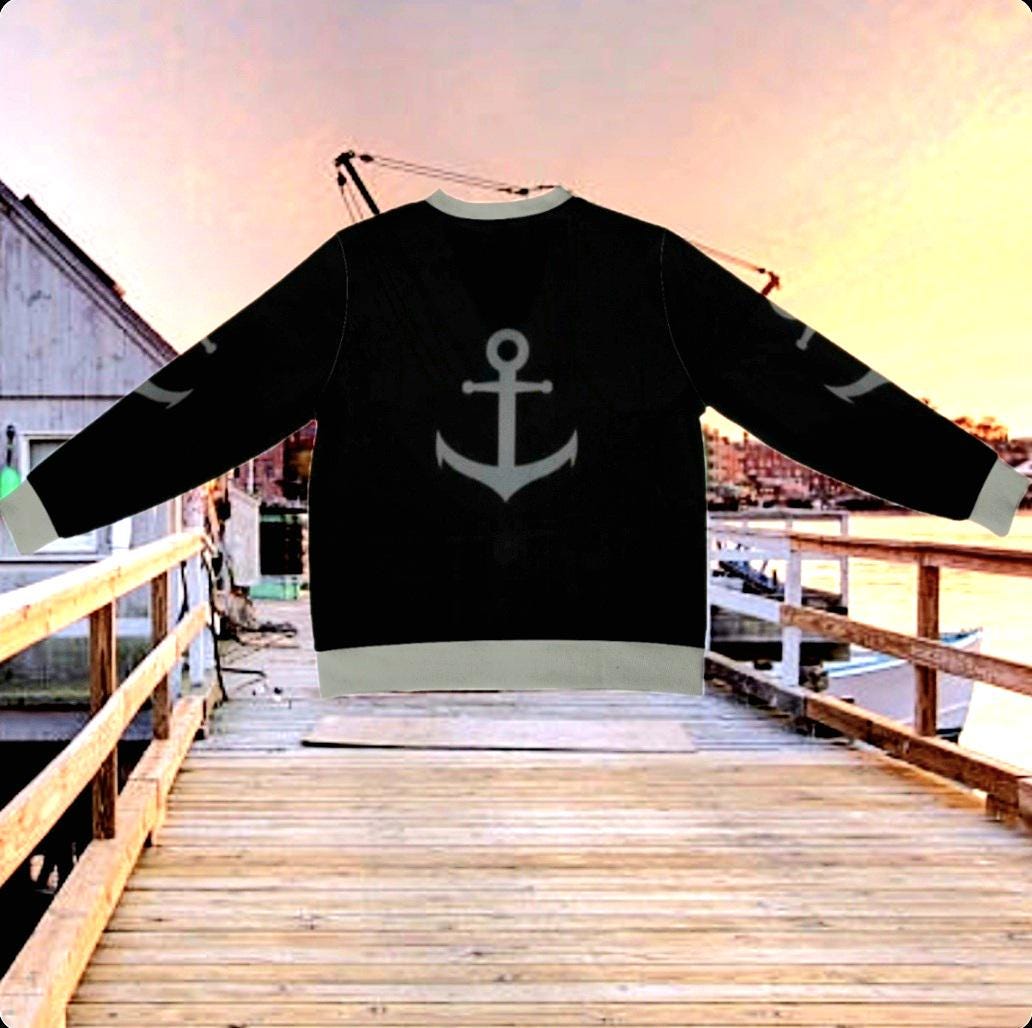 Men's Anchor Cardigan: Black & Gray Marine Theme, Custom Monogram
