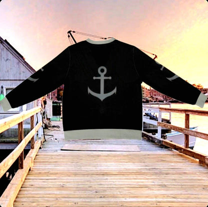 Men's Anchor Cardigan: Black & Gray Marine Theme, Custom Monogram