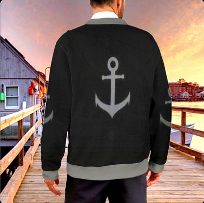 Men's Anchor Cardigan: Black & Gray Marine Theme, Custom Monogram