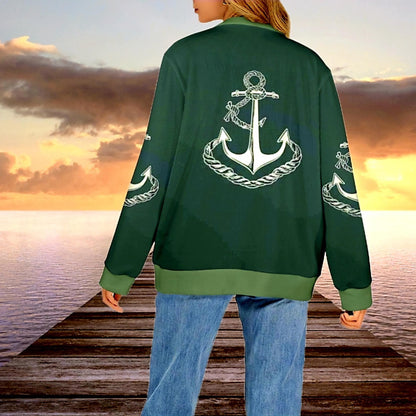 Monogram Anchor Green Cardigan: Women's Ribbed Sweater