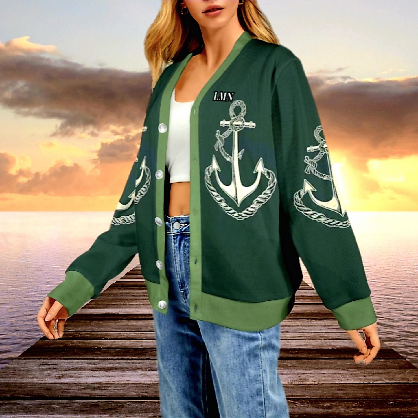 Women&#39;s Madison Avenue Green With White Anchor Symbols Ribbed Monogram Cardigan Sweater That Comes With Your Initials On It...