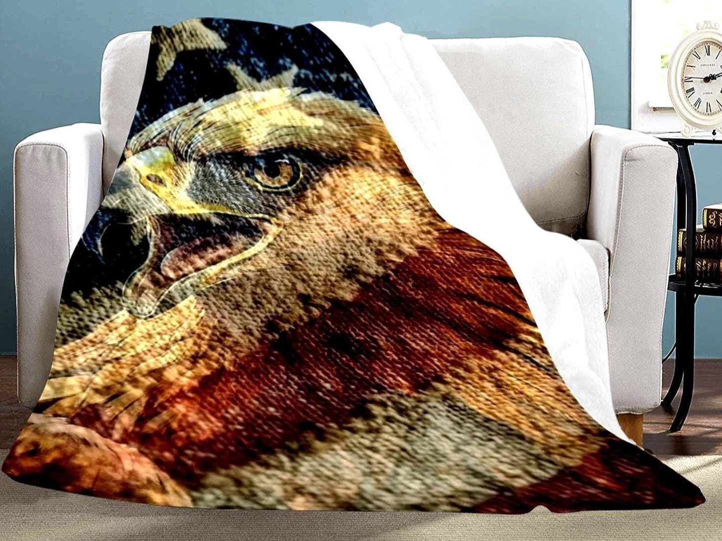 Very Large Very Soft And Warm American Flag With Golden Eagle Coming Through 70X80 Inch Microfleece Flannel Blanket....