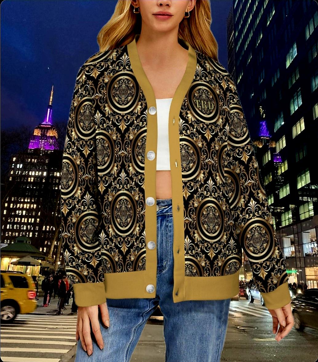 Monogram Black & Gold Ribbed Cardigan Sweater