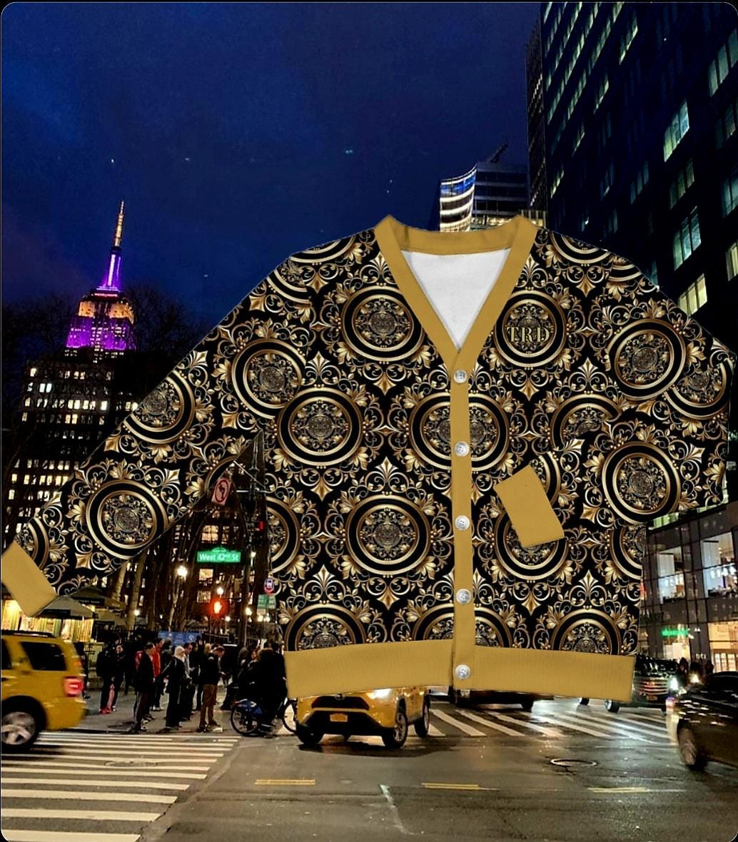 Monogram Black & Gold Ribbed Cardigan Sweater