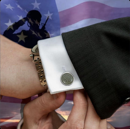 Men's Custom U.S. Army Cufflinks In A Platinum Silver Pattern Design