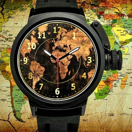 Men&#39;s Large Antique Nautical Map Design Dial On 50MM Miyota Quartz Movement Waterproof Monogram Sports Watch Your Initials Come On The Dial