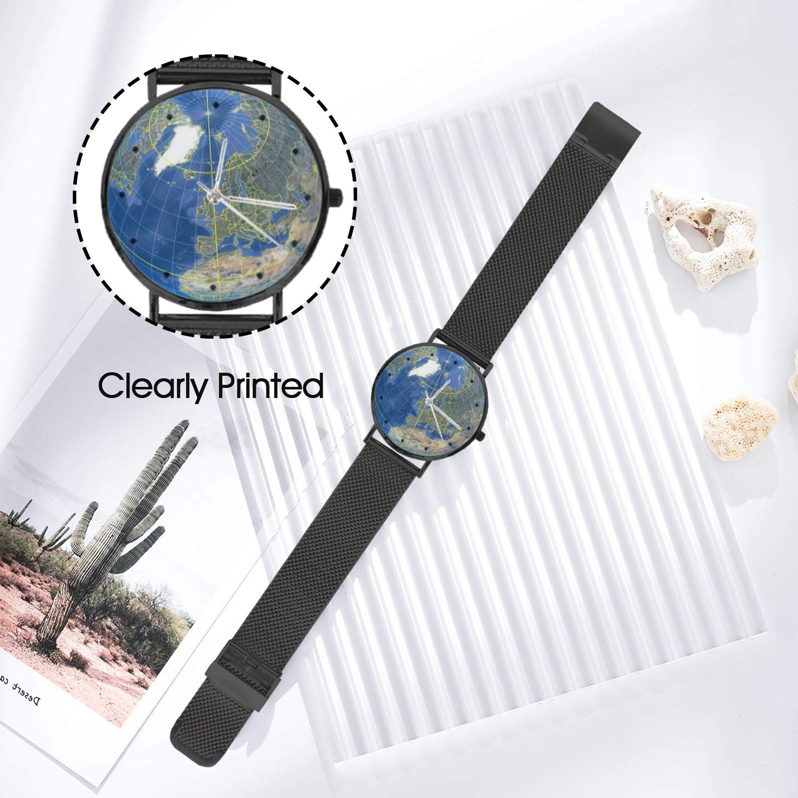 Men's Women's 40MM All Stainless Steel 3D Globe Map Dial Quartz Monogram Dress Watch...