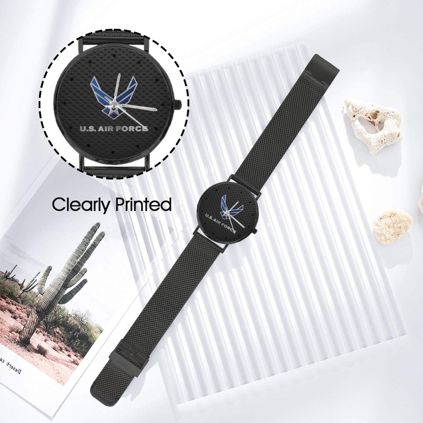 U.S. Air Force Insignia 40MM All Stainless Steel With Black Carbon Fiber Background Waterproof Monogram Dress Watch