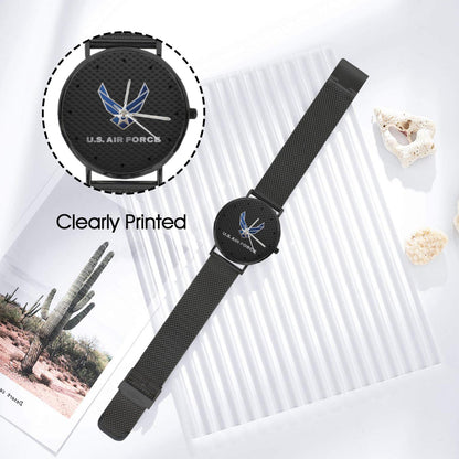 U.S. Air Force Insignia 40MM All Stainless Steel With Black Carbon Fiber Background Waterproof Monogram Dress Watch