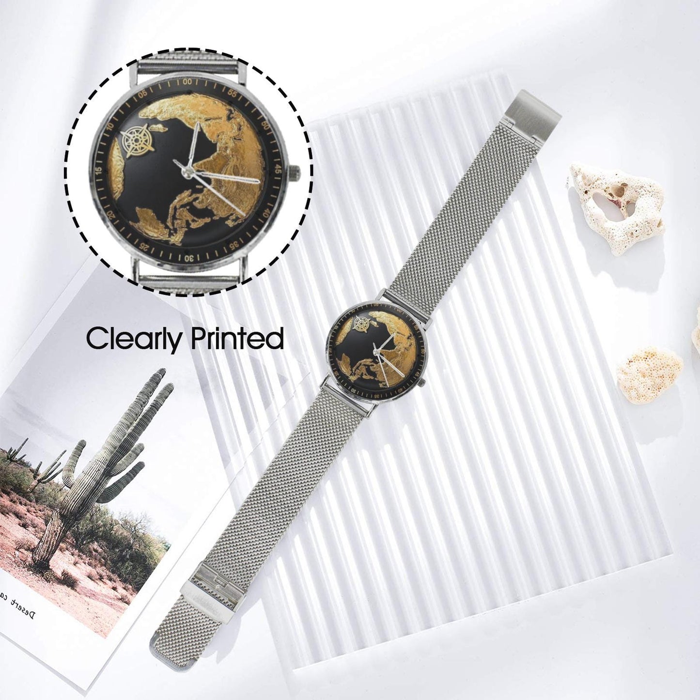 Black Gold 3D World Map All Stainless Steel Waterproof 40MM Monogram Dress Watch...