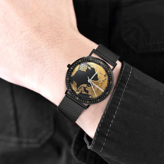 Black Gold 3D World Map All Stainless Steel Waterproof 40MM Monogram Dress Watch...